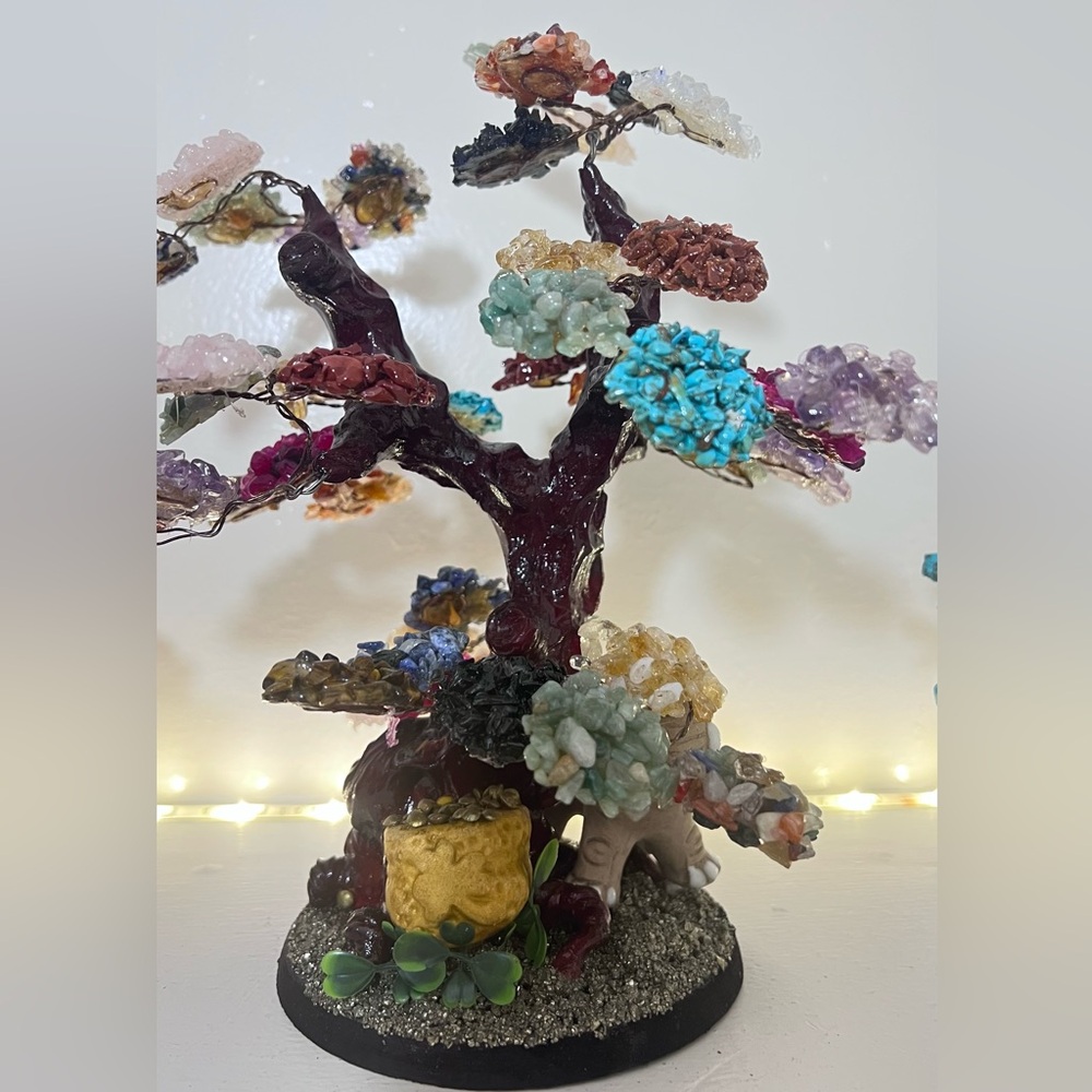 Handcrafted Gemstone Tree with Multicolor Chips and Elephant Accent Home Decor